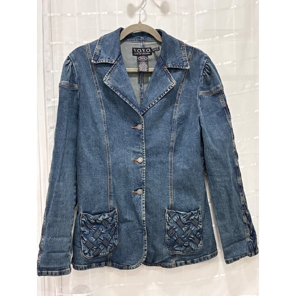 Y.O.Y.O. Vintage Denim Blazer Jacket Blue Medium Wash Braided Detail Women Large